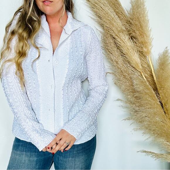 VINTAGE White Textured Long Sleeve Clear Button Down Blouse Shirt Sweater Top S - Picture 4 of 9